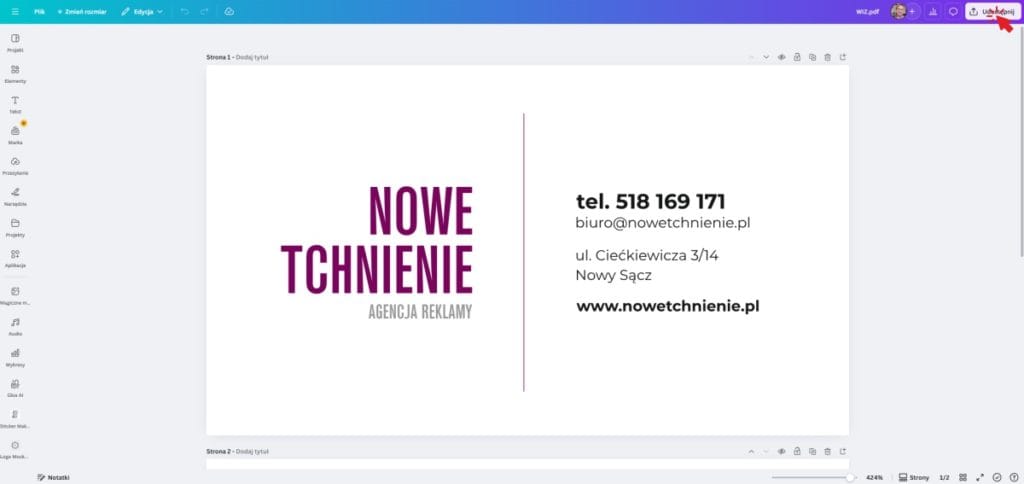 krok-1-canva-przycisk-udostepnij Otwarty projekt w Canvie i kliknięcie przycisku Udostępnij w prawym górnym rogu.