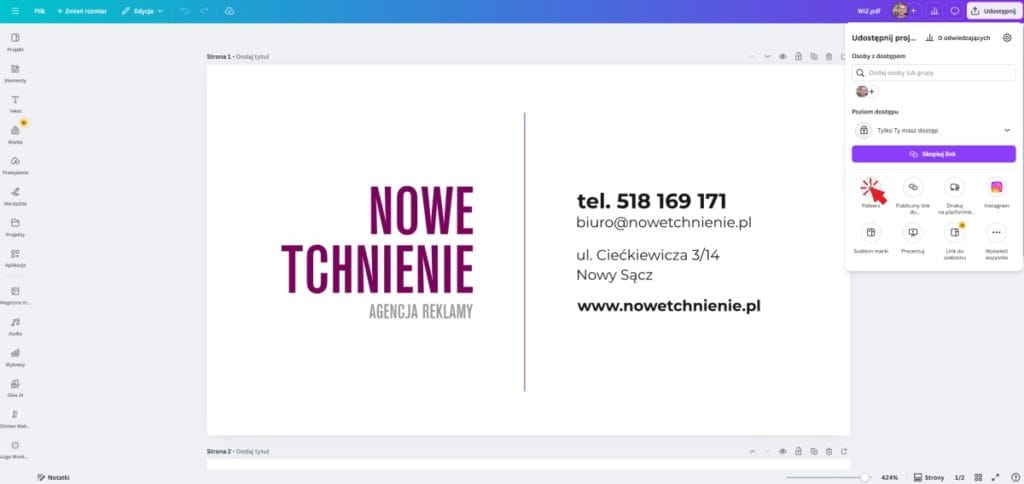 krok-2-menu-pobieranie-canva Menu udostępniania w Canvie z widoczną opcją Pobierz projekt