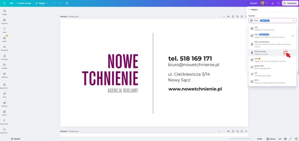 krok-3-wybor-formatu-pdf-do-druku Zmiana formatu pliku z PNG na PDF do druku w ustawieniach Canvy.