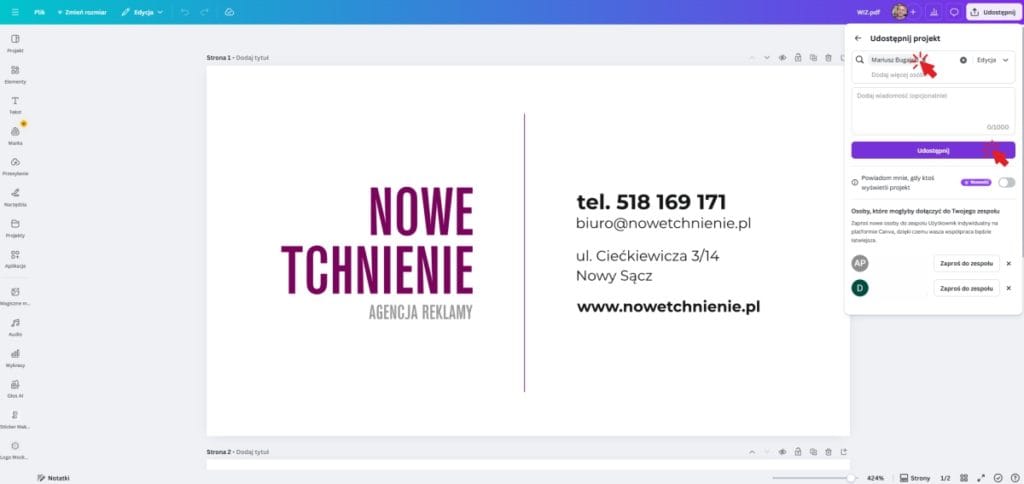 krok-6-wysylanie-dostepu-do-projektu-canva Kliknięcie przycisku Wyślij w Canvie, aby przekazać projekt bezpośrednio do druku.