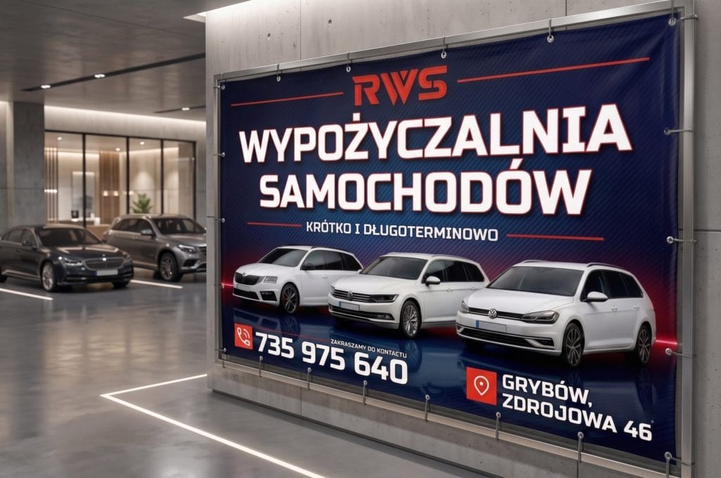 Duży, czytelny baner reklamowy z wyrazistym hasłem, zawieszony na płocie obok ruchliwej drogi Jak zaprojektować czytelny baner reklamowy zawieszony na ogrodzeniu