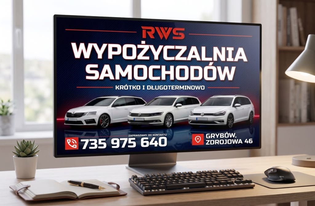 Ekran komputera z otwartym projektem baneru w programie graficznym, pokazujący mocno kontrastowe zestawienie żółtego tekstu na czarnym tle Dobór kontrastowych kolorów CMYK w projektowaniu baneru
