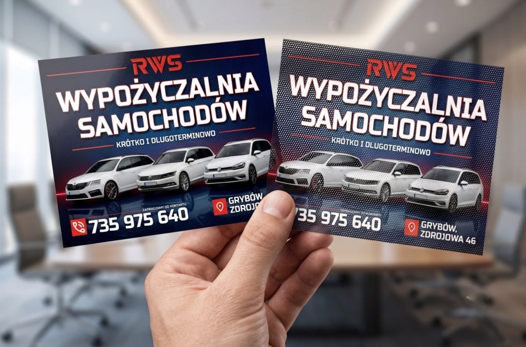 Zbliżenie na dłoń trzymającą wzorniki materiałów z jednej strony gładki baner powlekany, z drugiej dziurkowana siatka Mesh Porównanie materiałów do druku: baner powlekany a siatka Mesh